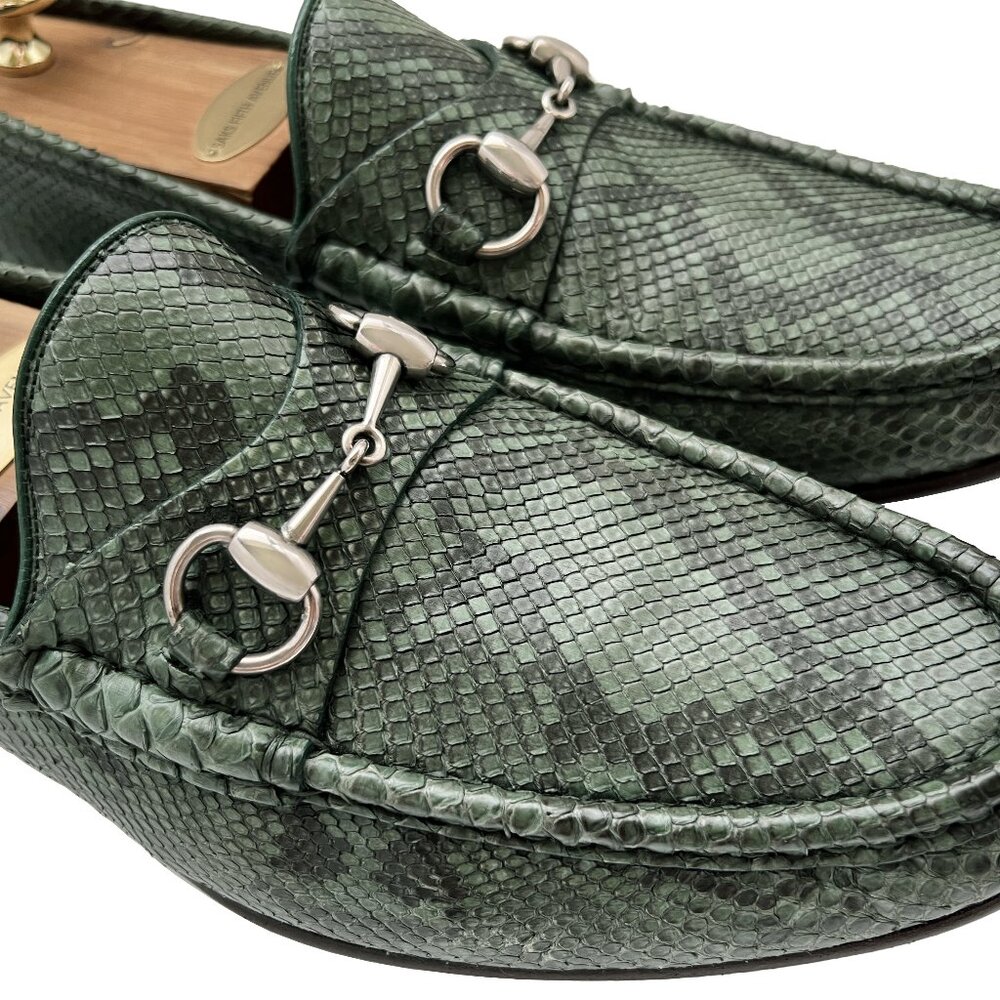 $3000 Gucci Mens Python 1953 Horsebit Shoes Green Snakeskin Loafers US 9 UK 8.5 - Picture 2 of 12